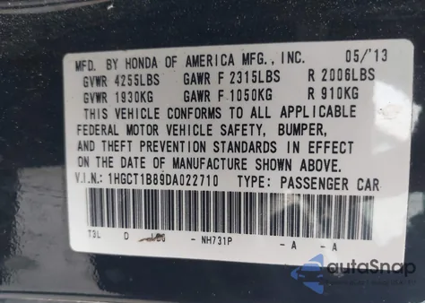 2013 Honda Accord Ex-L z USA, uszkodzony, nr VIN 1HGCT1B89DA022710